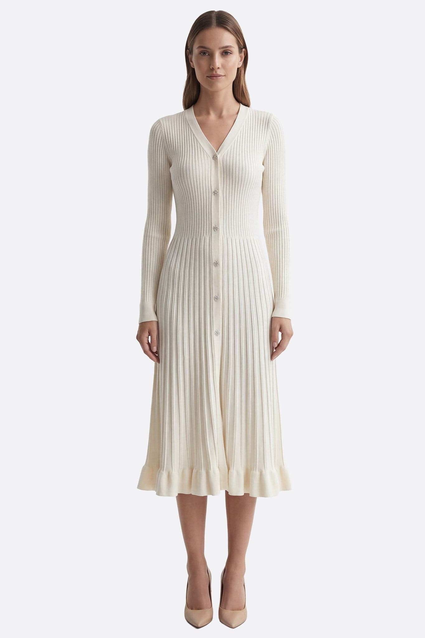 Elegantes midi Kleid in ivory aus gerippter Ware mit V-Ausschnitt, perfekt für festliche Anlässe oder elegante...