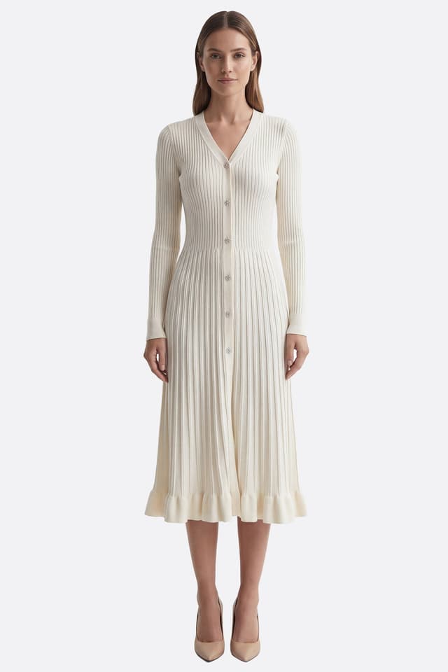Robe midi en maille côtelée ivoire, affichant un col en V et une silhouette fluide idéale pour les occasions raffinées.