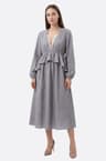 Midi-Kleid mit Falten, grau, mit verstellbarer Taille und V-Ausschnitt