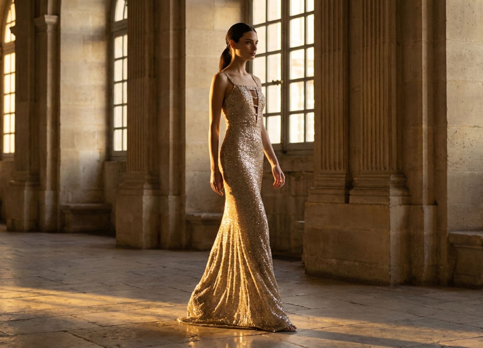 Mannequin en robe longue dorée scintillante, décolleté plongeant, dans une galerie lumineuse
