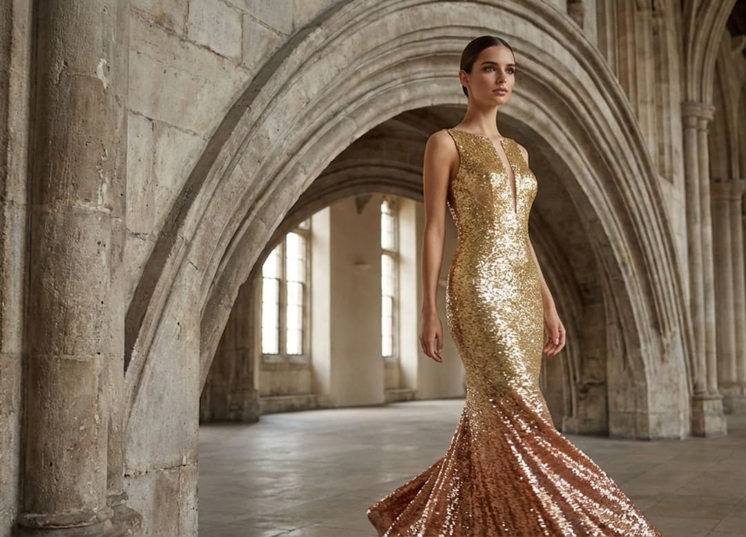 Jeu de lumière du soir sur le haut d’une robe bustier dorée dans un hall élégant