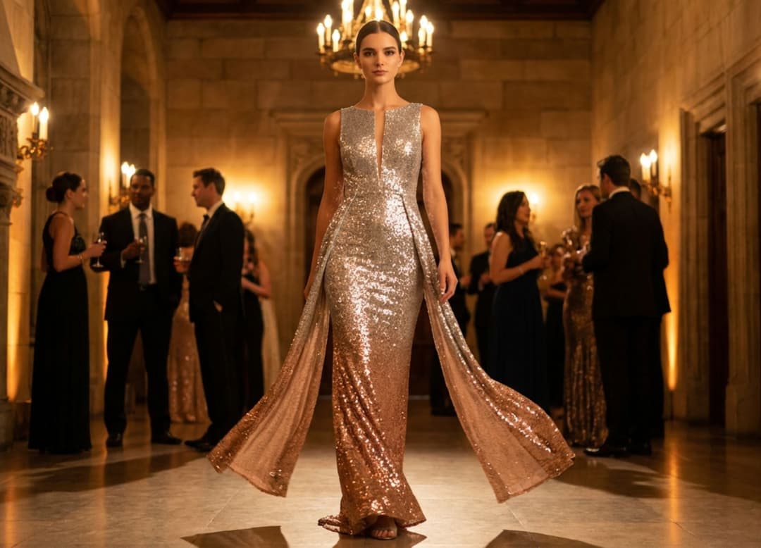 Robe bustier dorée mise en scène devant des arches en pierre dans un grand hall