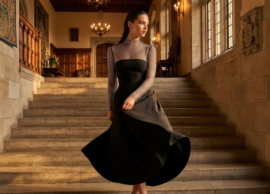 Reflets doux d’une robe bustier dorée adoucis par la pierre claire d’un grand hall