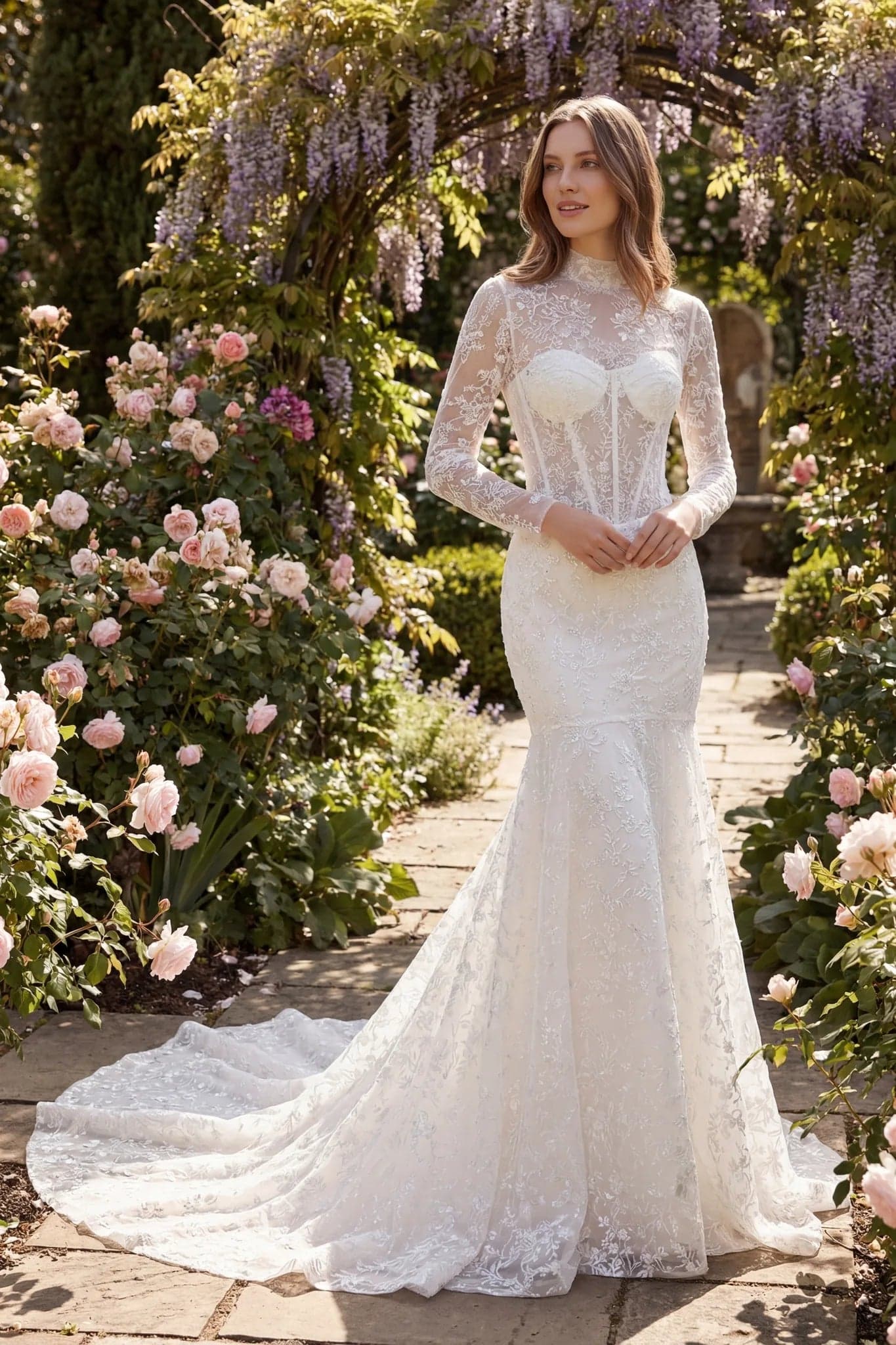 Dettaglio dell'abito da sposa sirena in pizzo, maniche lunghe e strascico ricamato, offrendo un'aria chic e romantica.