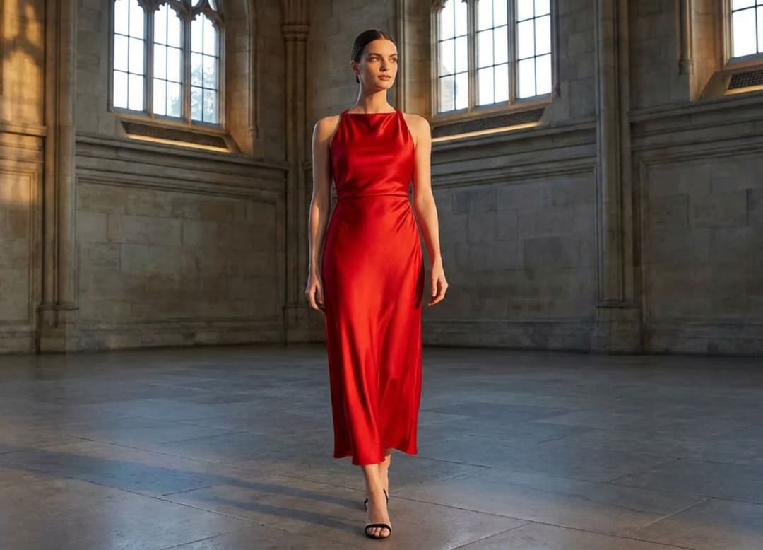 Silhouette en robe rouge de soirée entrant dans un grand hall en pierre claire