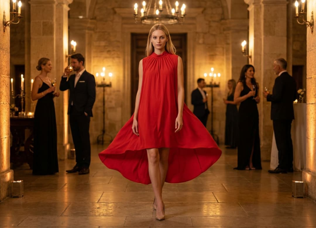 Robe rouge de soirée dialoguant avec les arches et verticales d’un hall élégant