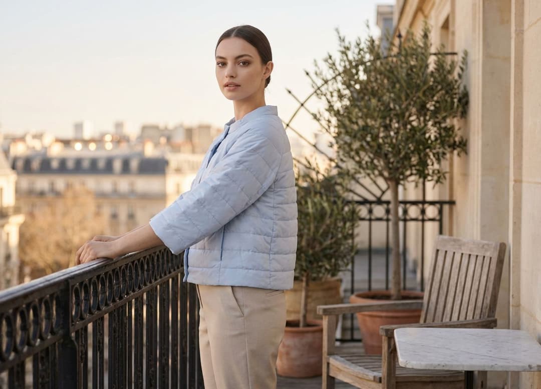 Jeune mannequin en veste matelassée beige Misciano, capturée dans un geste naturel, silhouette allongée par la lumière.