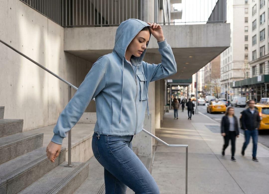 Vue rapprochée d’une mannequin ajustant la veste matelassée Misciano, révélant le piquage délicat et la précision du volume.