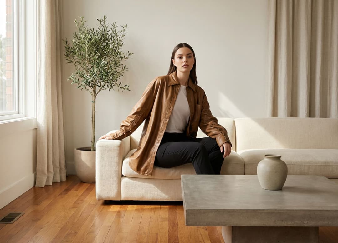 Jeune mannequin de profil portant la veste matelassée Misciano, soulignant la pureté de la coupe et la verticalité du tombé.