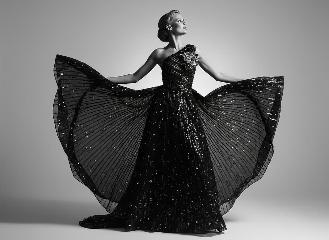 Dettagli dei materiali per abito da sera: raso, tulle, chiffon, paillettes