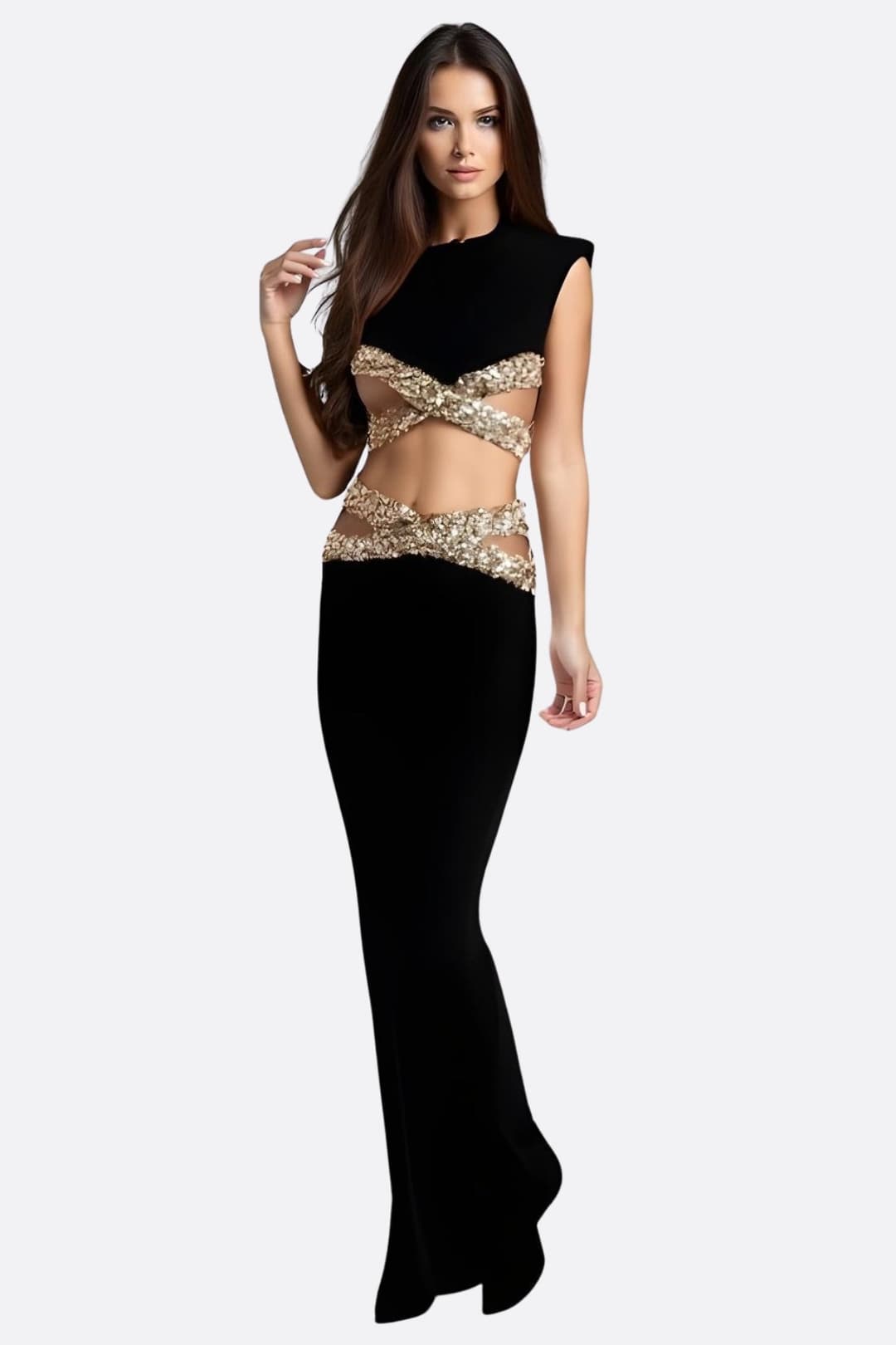 Robe de soirée noire chic ornée de détails dorés scintillants, parfaite pour un événement élégant et raffiné.