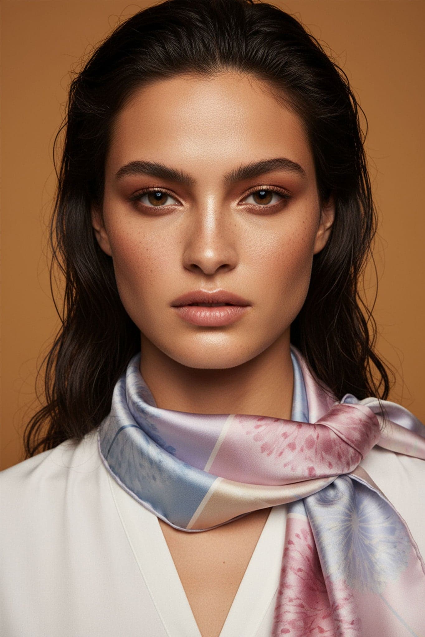Exquisite 90x90 cm silk square scarf with vibrant double-faced Jardin Suspendu floral pattern, adding elegance to any outfit.
