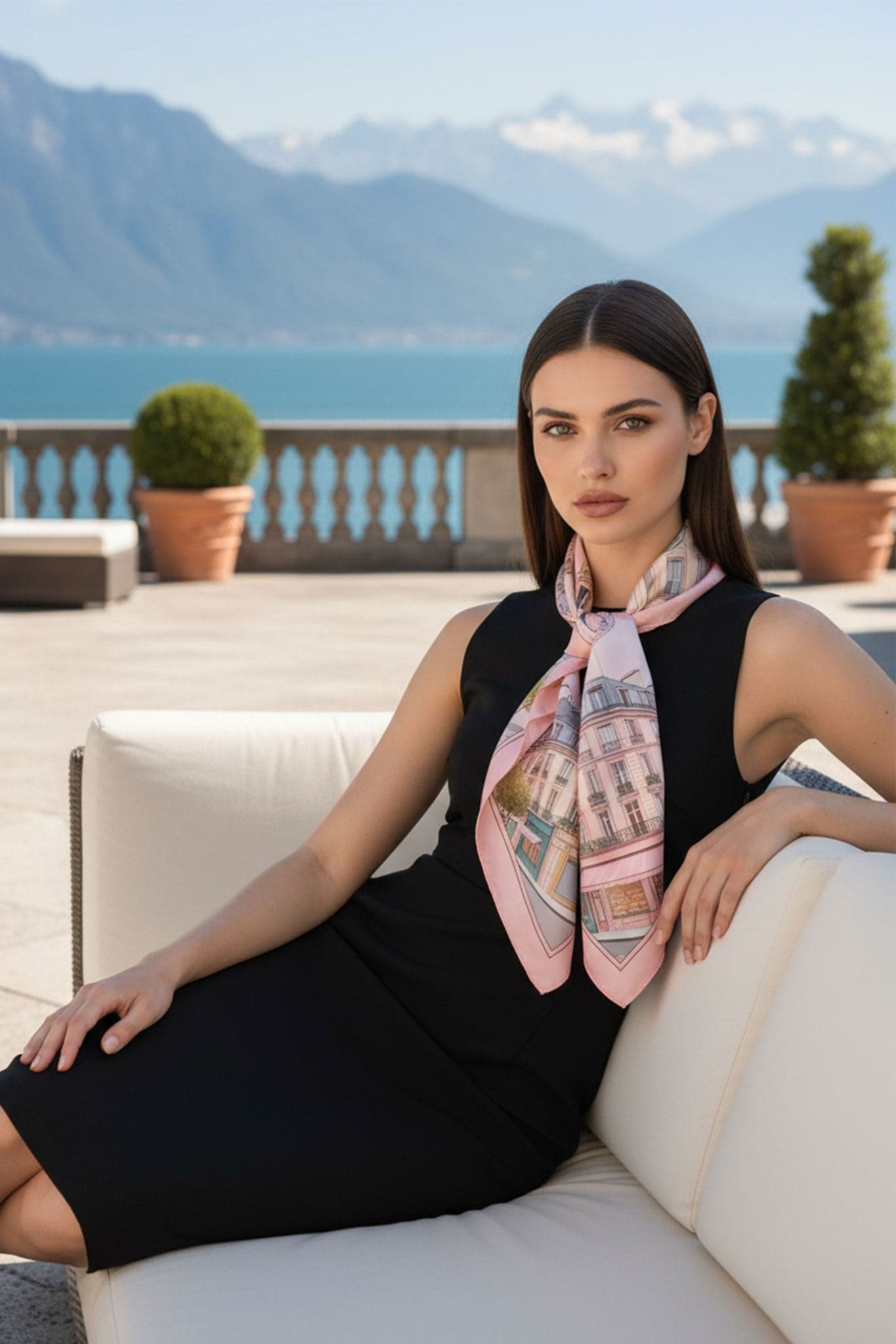 Refined 90 cm silk carré in vibrant pink with artistic patterns, adding a touch of sophistication to your evening ensemble.