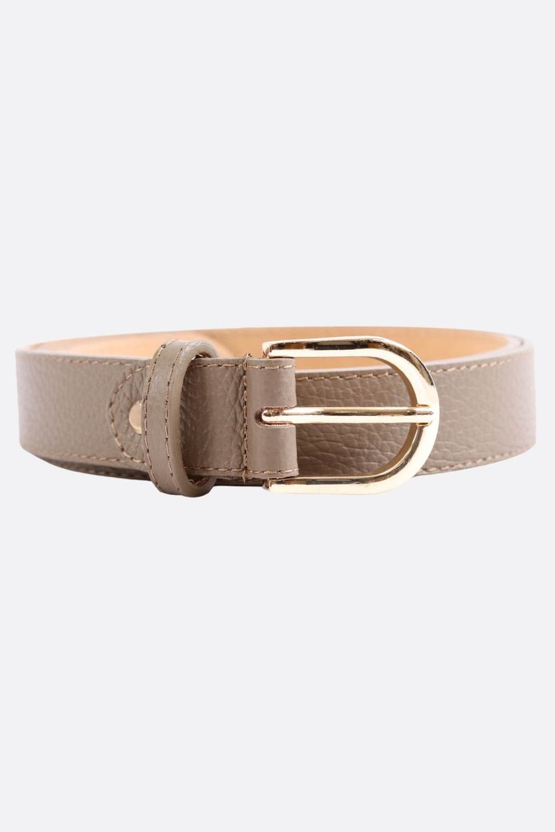 Ceinture chic taupe en cuir grainé, parfaite pour sublimer une tenue élégante au quotidien ou en soirée.