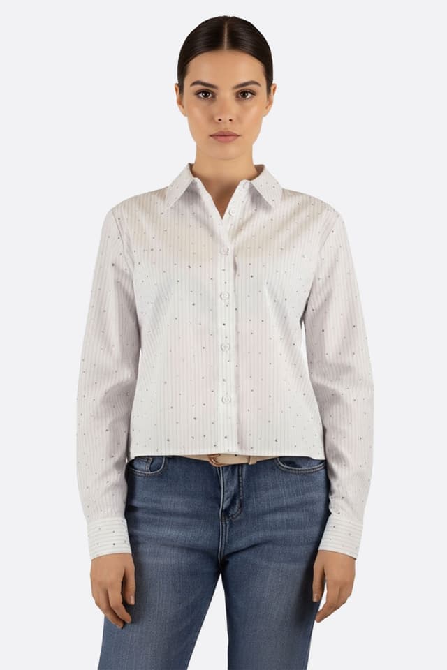 Elegante camicia bianca in cotone con righe delicate e strass, perfetta per un look chic in ufficio o in serata.