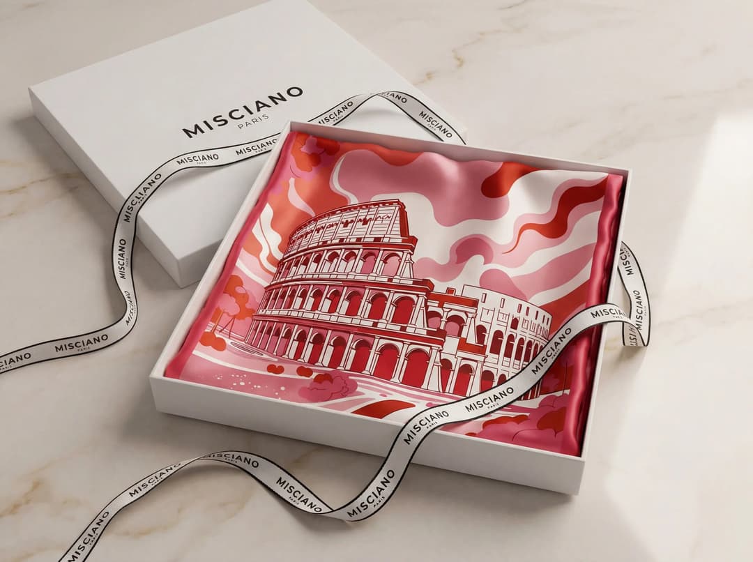 Silk square Misciano Fischia delicate in soft hue for a refined gift, Misciano's vision of timeless elegance to offer