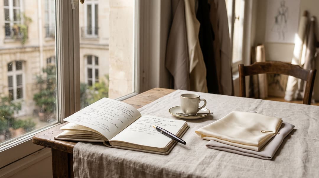 Atelierschreibtisch: offenes Notizbuch, Füller, Espressotasse und Seidenmuster