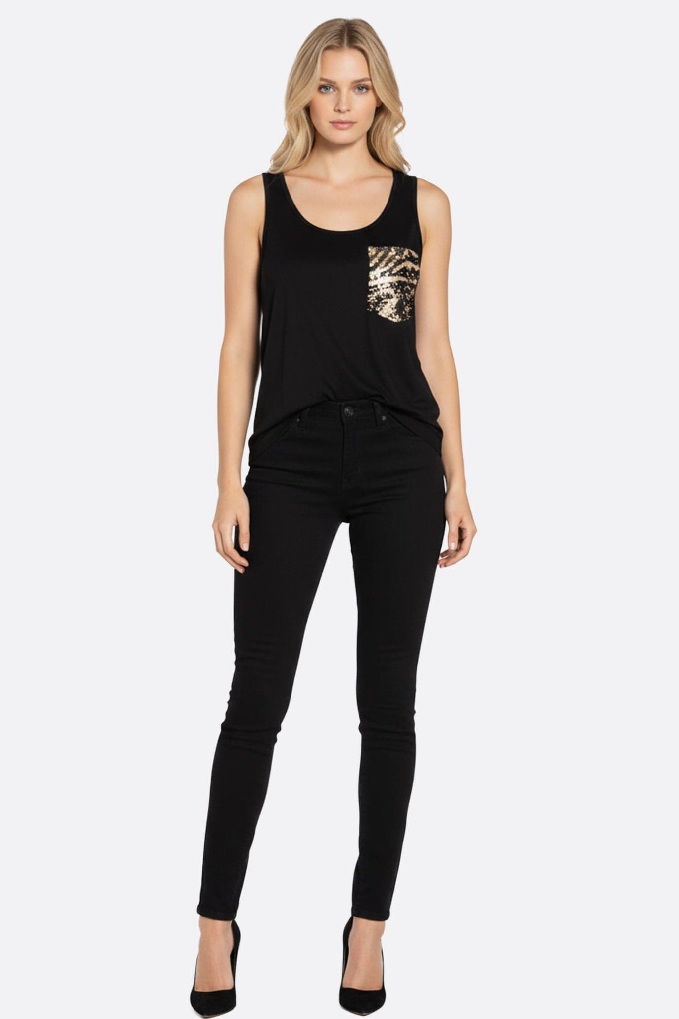 Profil du débardeur noir à sequins dorés, révélant la brillance chic et audacieuse pour une tenue de soirée raffinée.