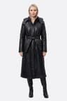 Lange schwarze gesteppte Daunenjacke mit Gürtel