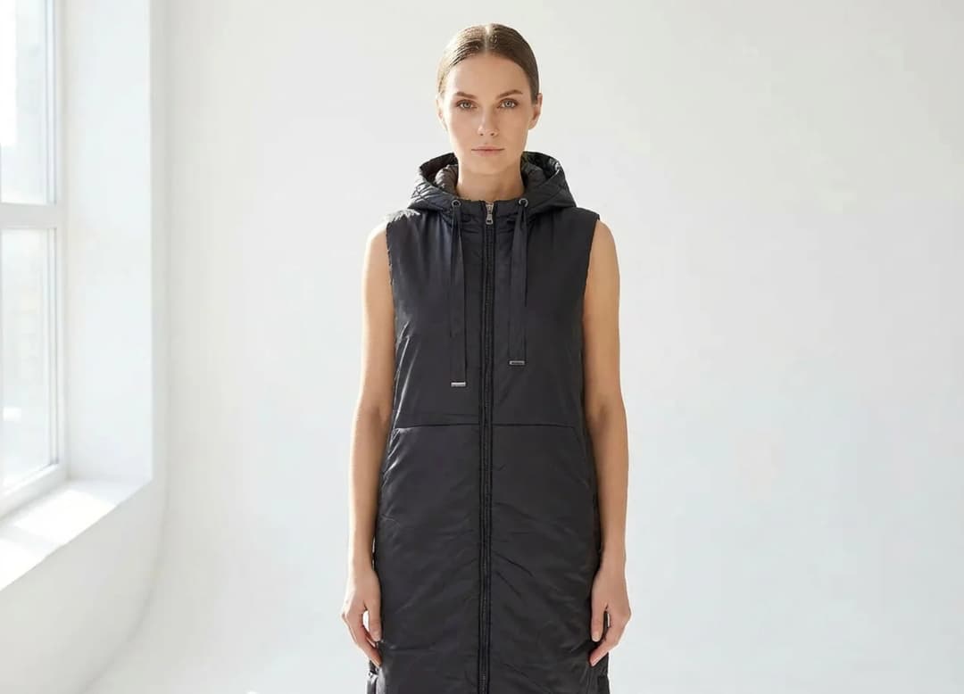 Mannequin vêtu d’un gilet matelassé sans manches Misciano : légèreté, structure douce et chaleur ciblée pour une silhouette modulable.