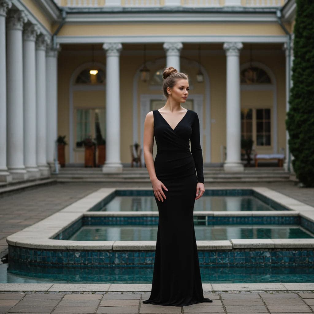 Robe noire sculpturale signée Misciano, col travaillé, maille satinée, silhouette élancée