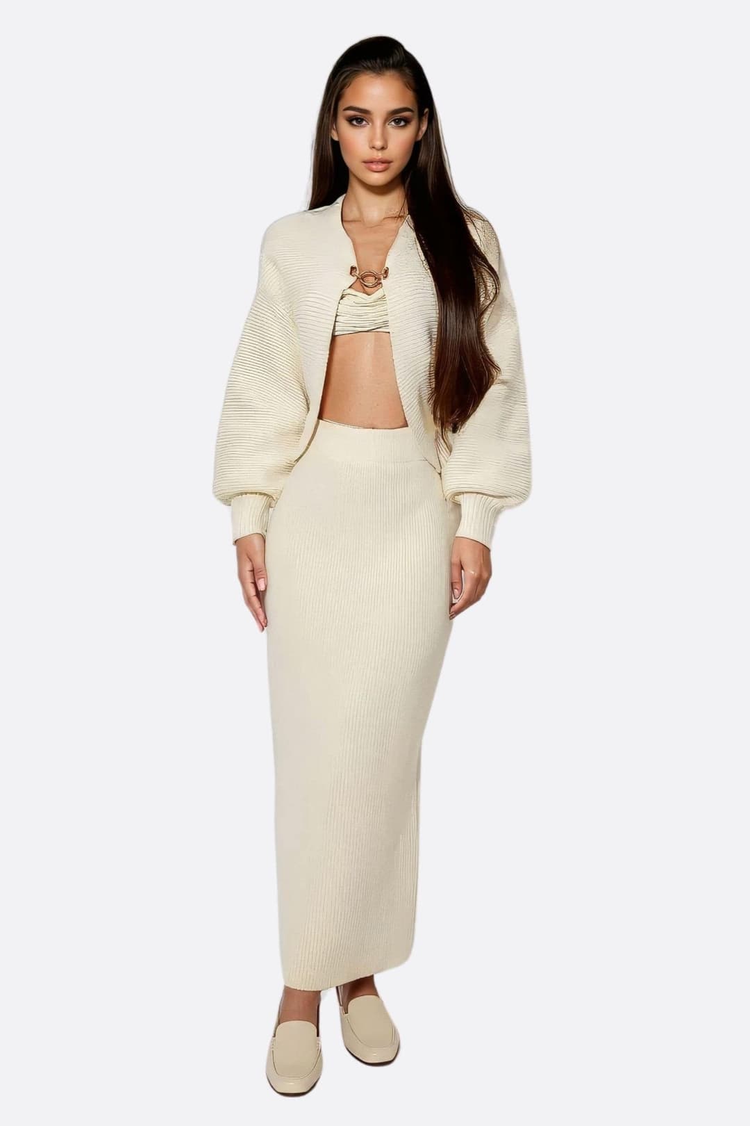 Ensemble jupe et cardigan en maille blanc écru