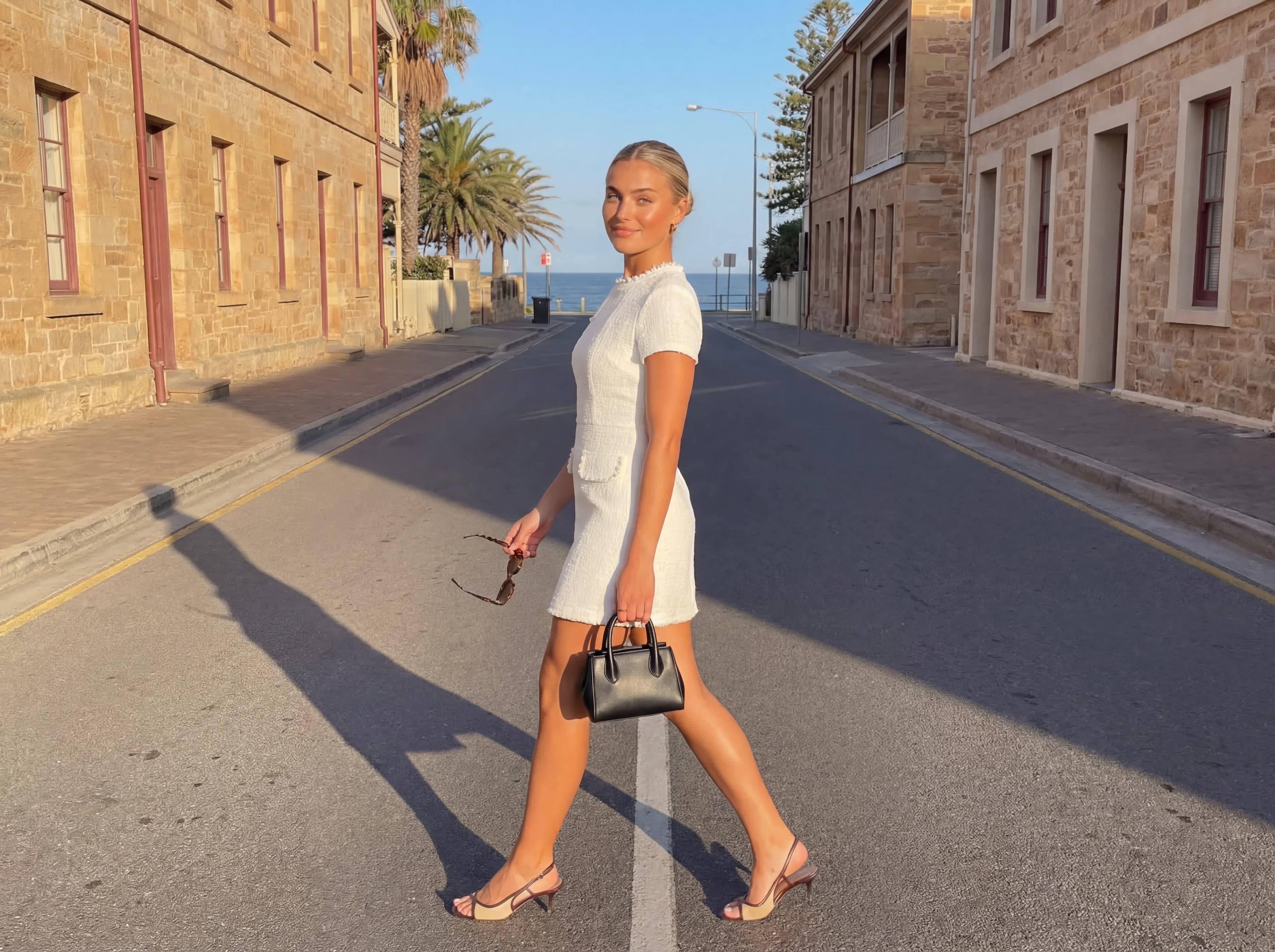 Jeune femme blonde en robe d'été blanche, sac noir, lunettes de soleil, marchant sur une route ensoleillée