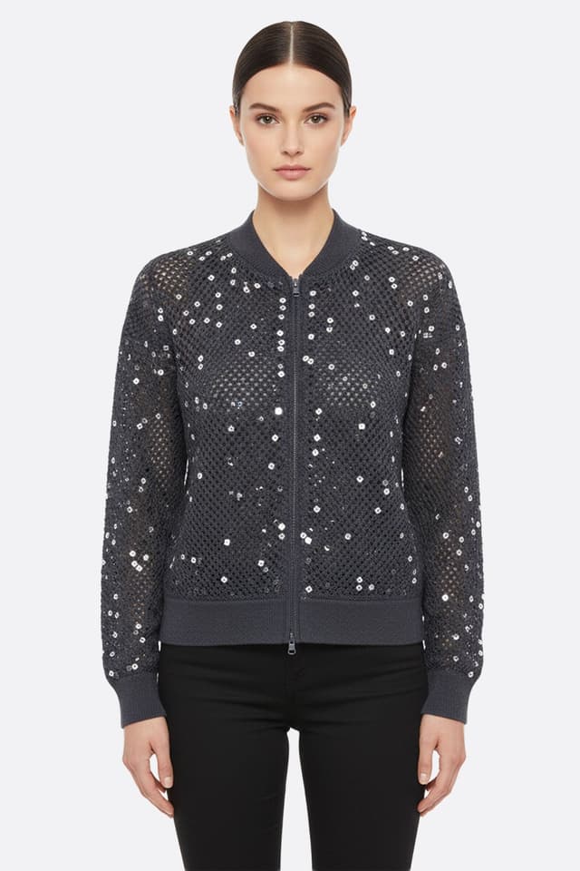 Gilet grigio traforato chic in lino e cotone, impreziosito da paillettes per valorizzare le vostre serate eleganti.