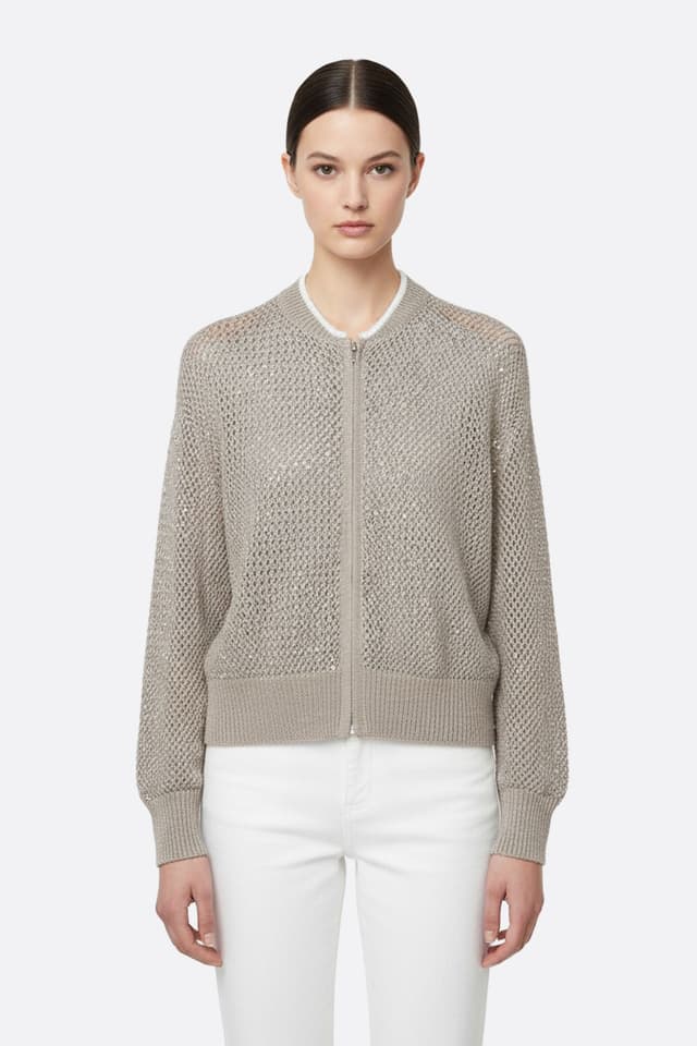 Gilet beige sabbia con zip in cotone e tencel, traforato e decorato con sequin, perfetto per impreziosire un outfit elegante da sera.