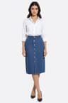 Long blue denim skirt with oversized pockets