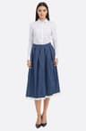 Navy blue pleated midi skirt with contrasting hem