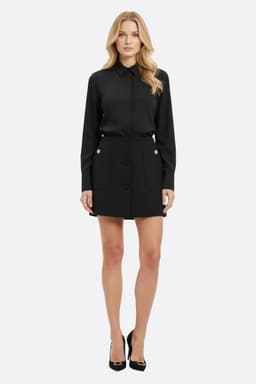 Gonna nera corta in tessuto fluido, ornata con bottoni gioiello e tasche oversize, ideale per un look elegante da sera.
