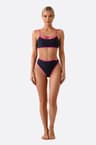 High-waisted black bikini swimsuit with fuchsia details 