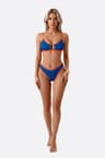 Blue two-piece swimsuit with orange trim 
