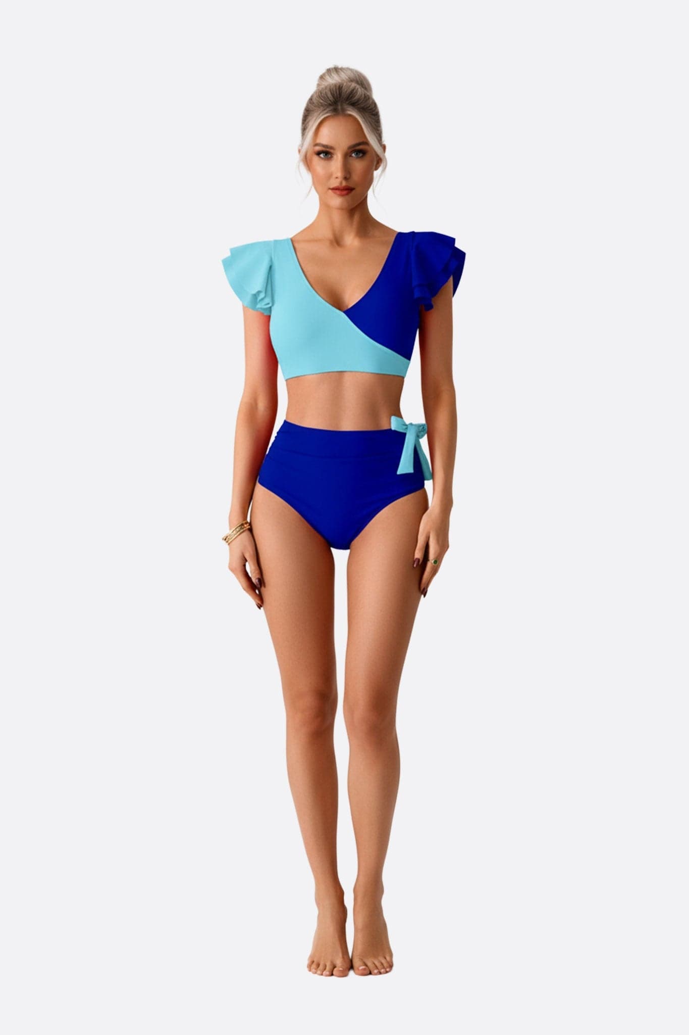 Costume da bagno due pezzi a cuore bicolore blu, elegante e perfetto per l'estate.