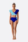 Two-piece blue colorblock wrap swimsuit 