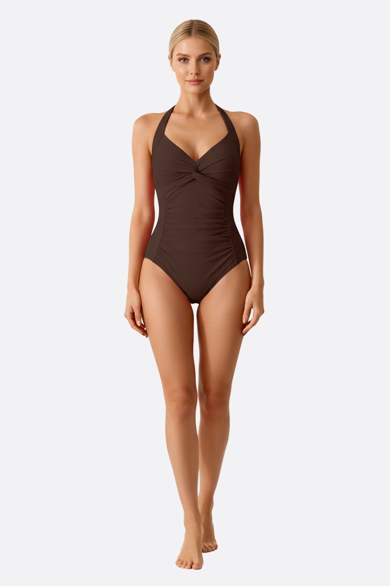Bañador de una pieza marrón con detalle anudado, ideal para lucir glamorosa en la playa.