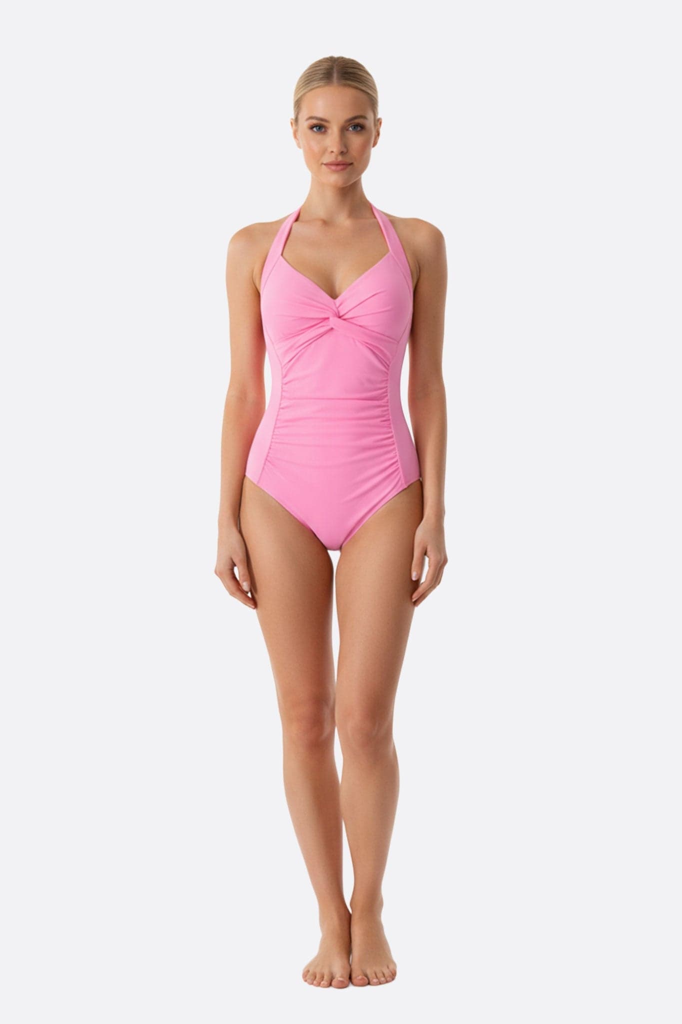 Bañador de una pieza rosa claro con nudo en el frente, elegante y delicado, ideal para resaltar tu feminidad.