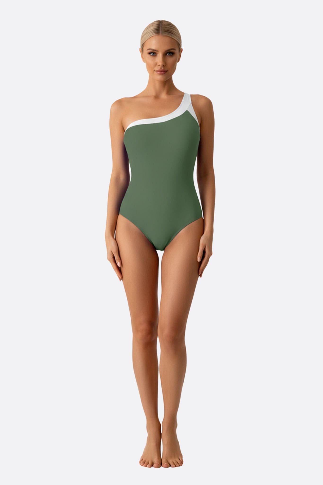 Bañador de una pieza asimétrico verde chic, ideal para lucir elegante en la playa o piscina.