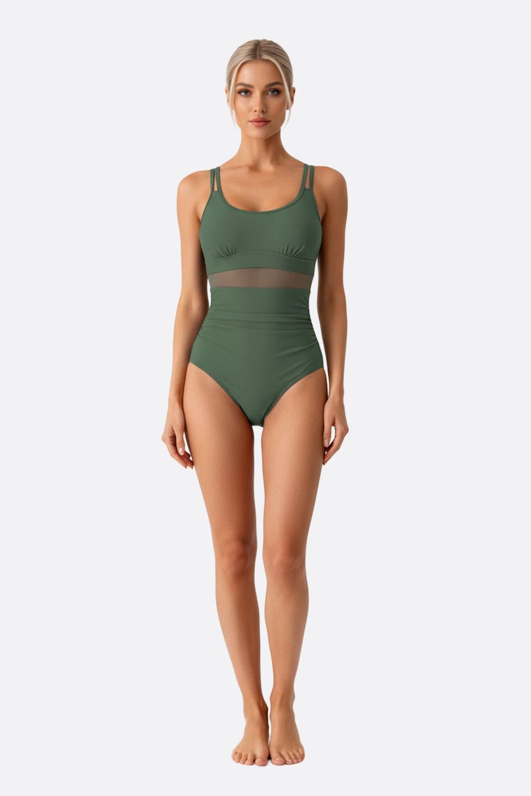 Maillot de bain chic une pièce en vert kaki, résille raffinée, parfait pour une journée à la plage.