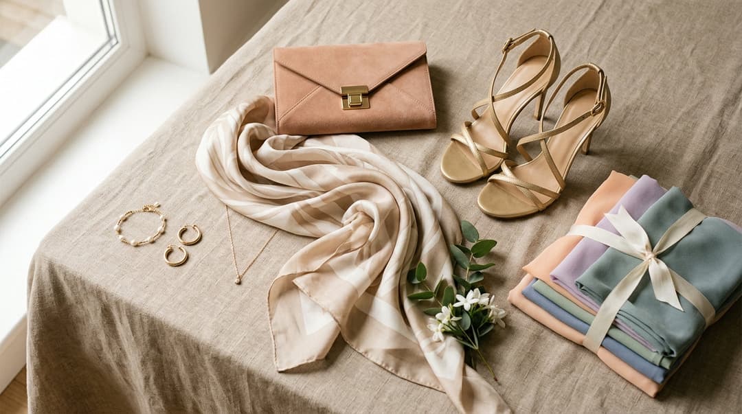 Accessoires d'été pour invitée de mariage : étole de soie, pochette en suède, sandales dorées mates et swatches de tissus pastel