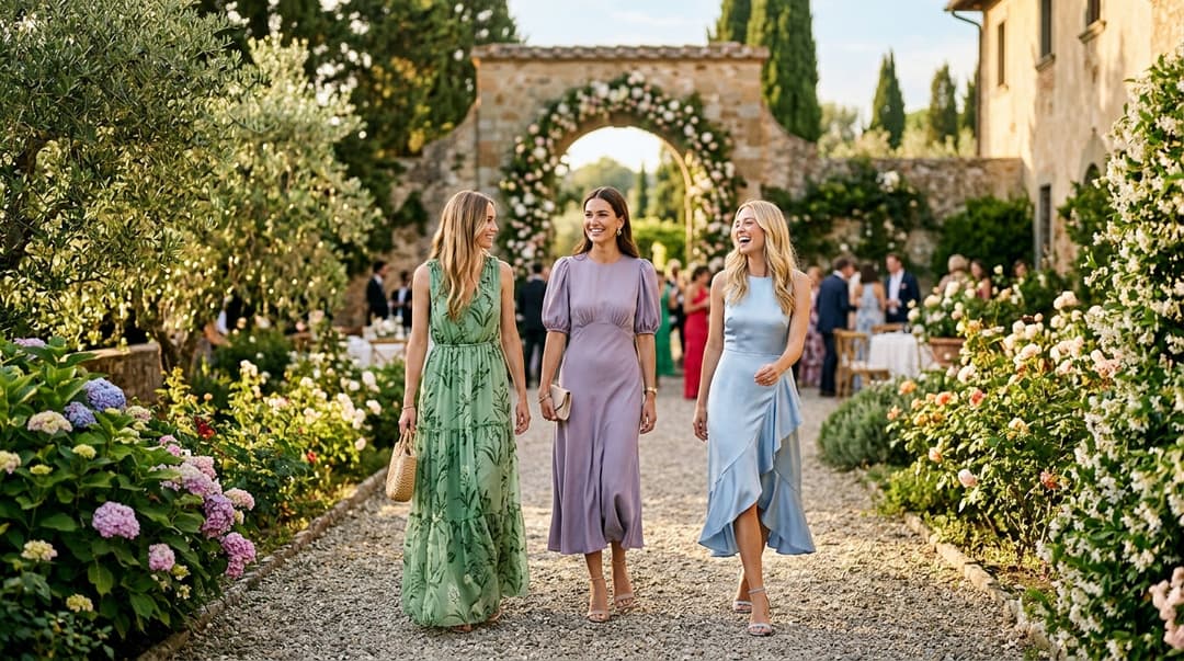 Trois invitées en robes pastel (sage, lavande, bleu poudré) à un mariage d'été dans un jardin italien