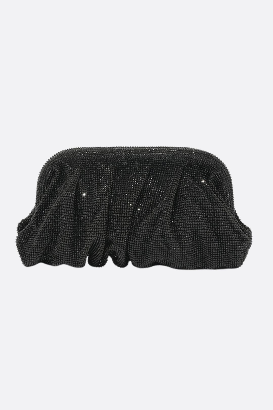 Pochette de soirée élégante en noir, ornée de cristaux, silhouette plissée, accessoire chic pour vos soirées raffinées.