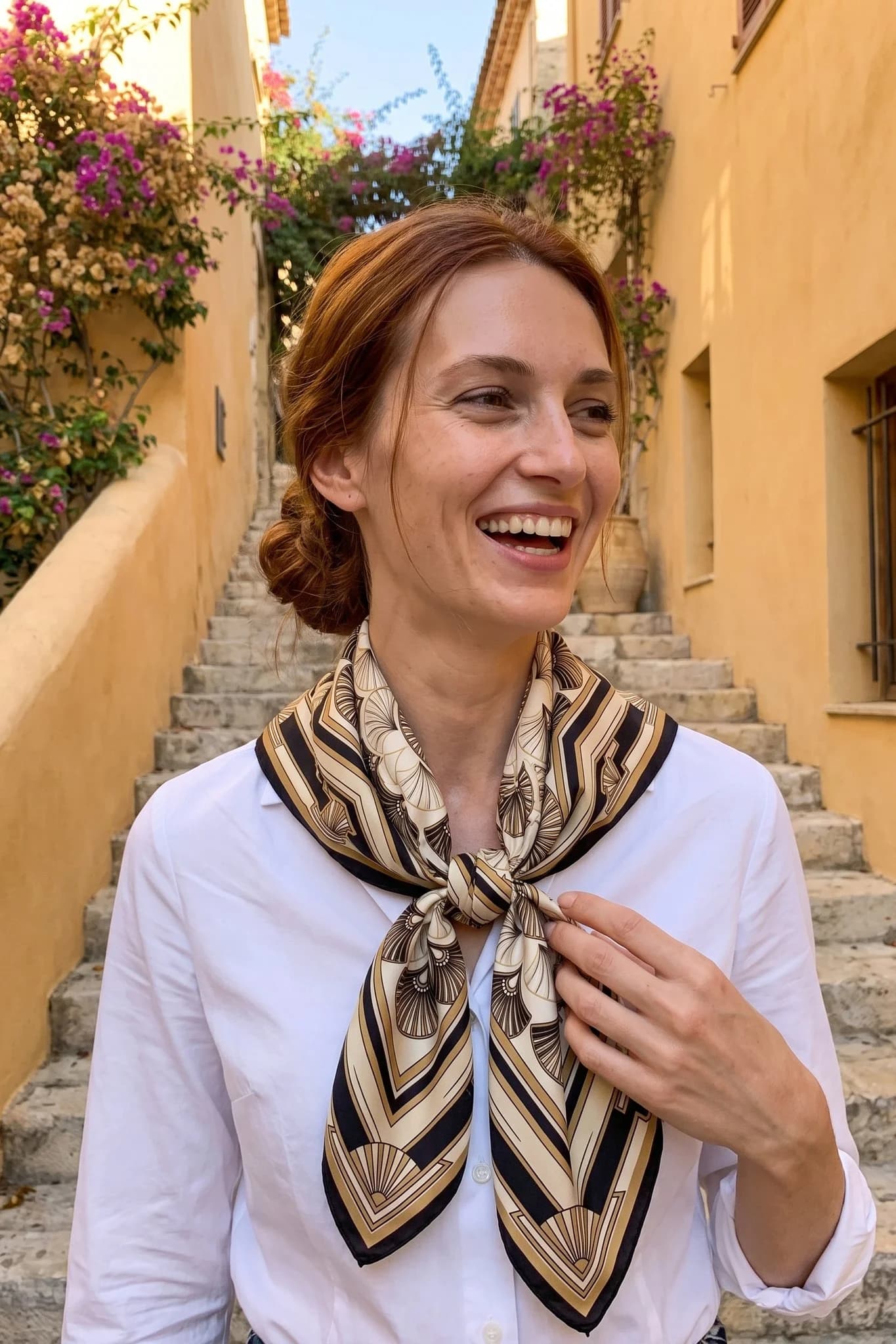Donna che indossa il foulard di seta Opera Fans annodato in una strada di Parigi
