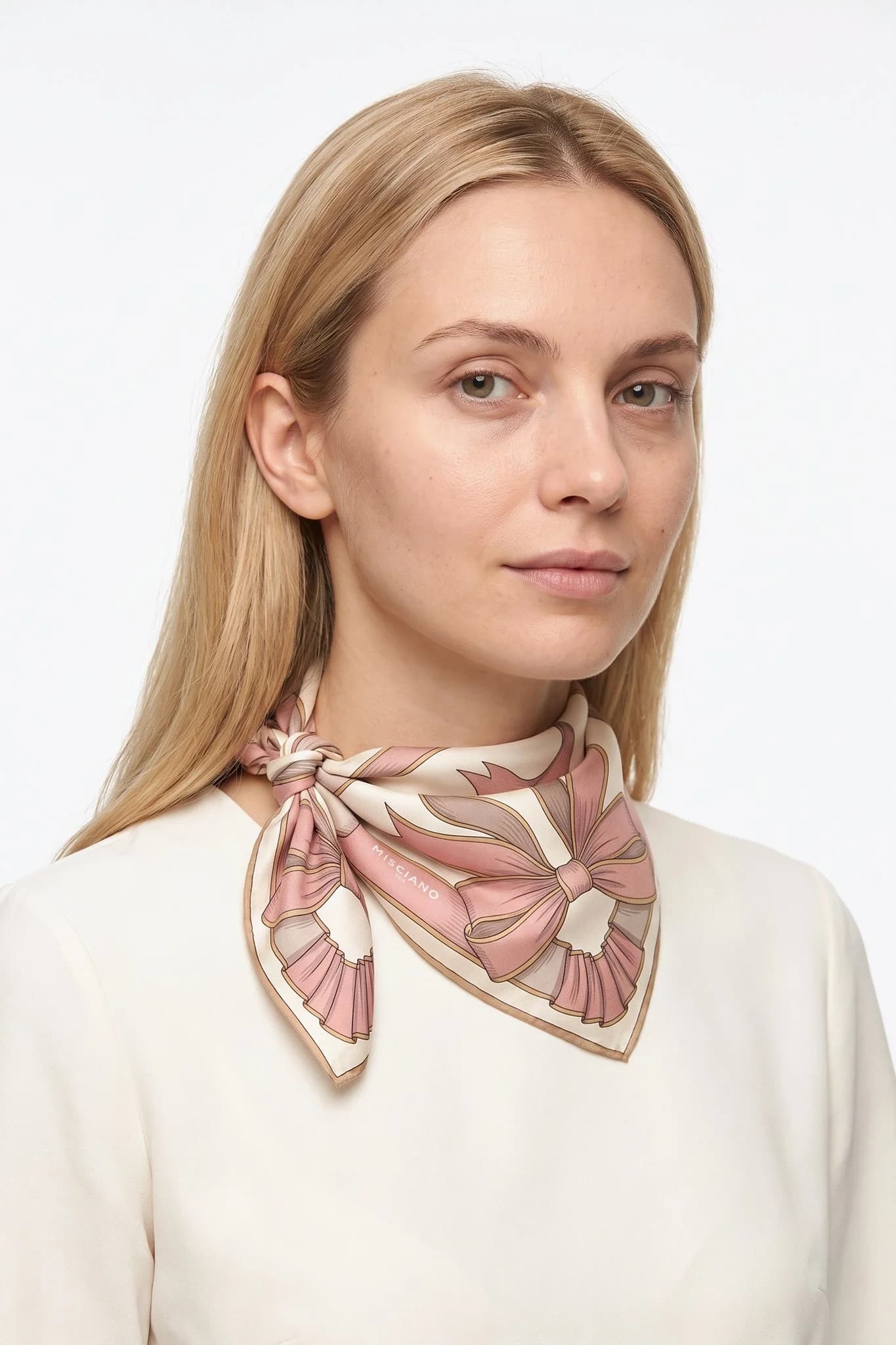 Small silk scarf 50 Silk ribbons worn tied at the neck as a small scarf of a woman, studio view