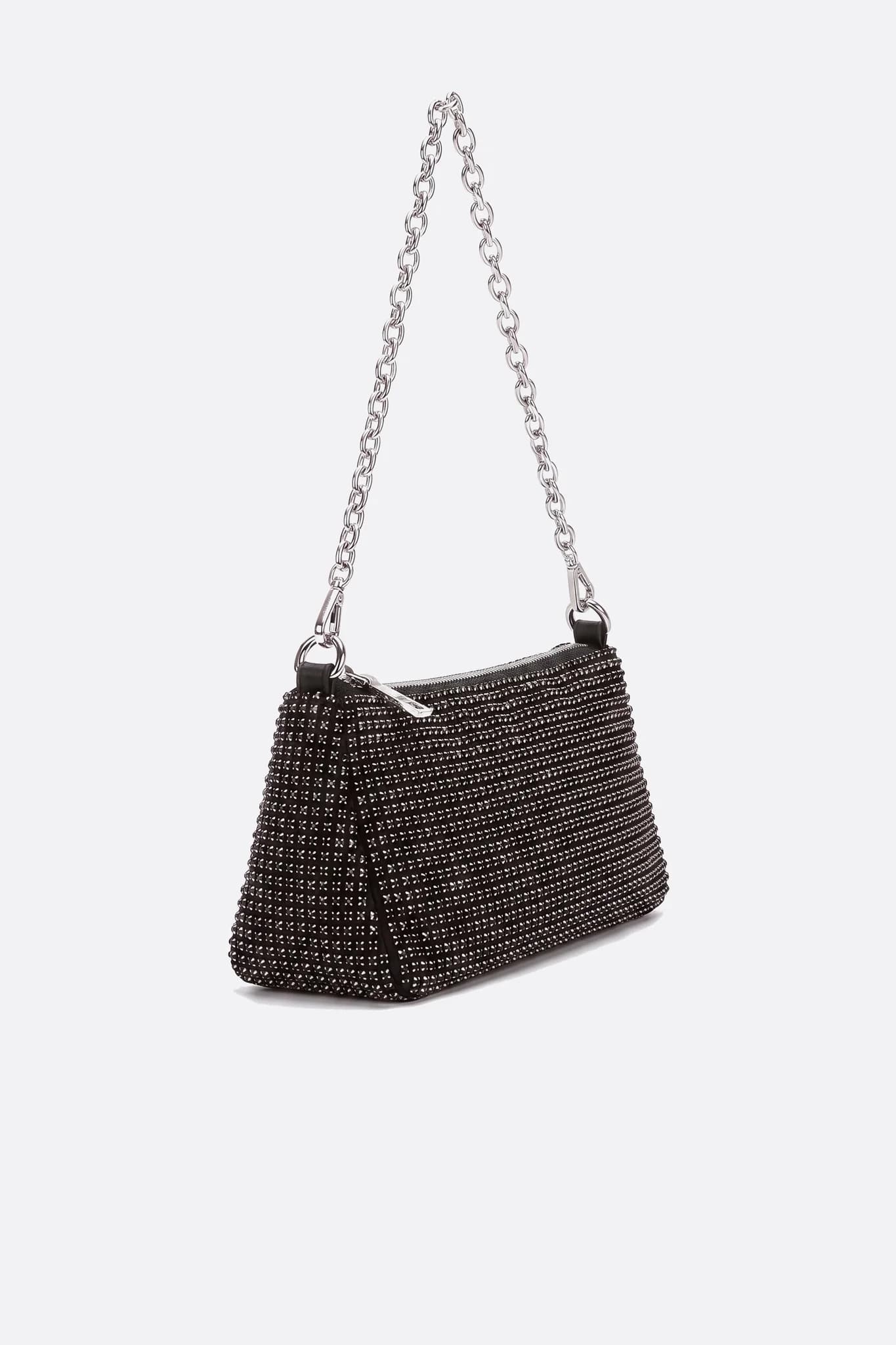 Borsa con cristalli neri, vista di tre quarti
