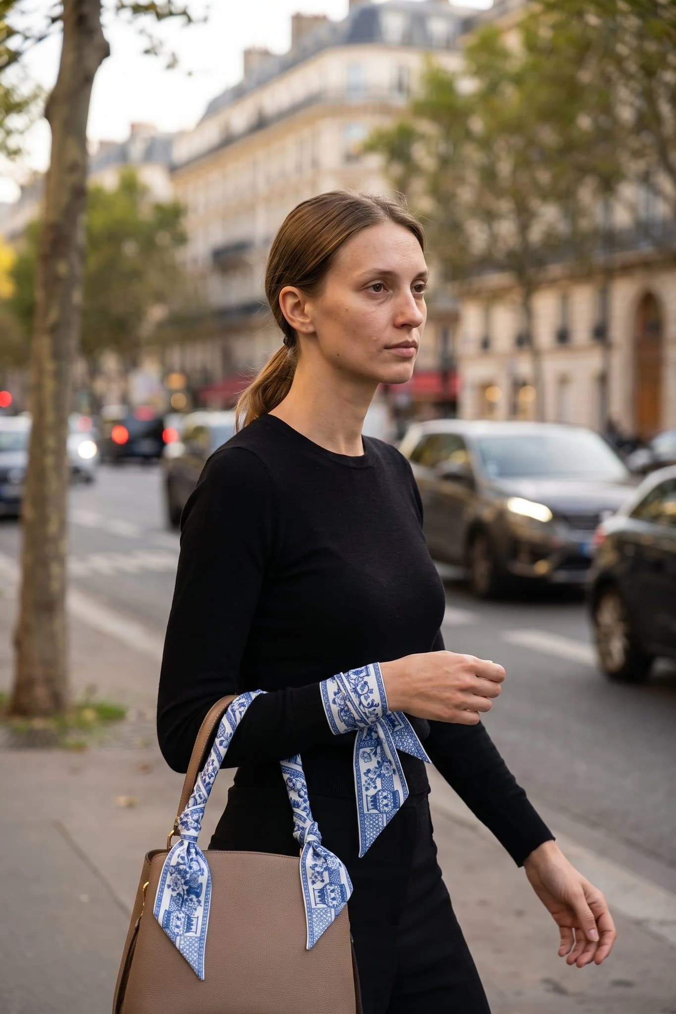 Donna che indossa il twilly Porcellana blu al polso e sul manico della sua borsa, terrazza parigina