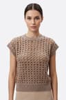 Pull ajouré sans manches marron à sequins cuivrés