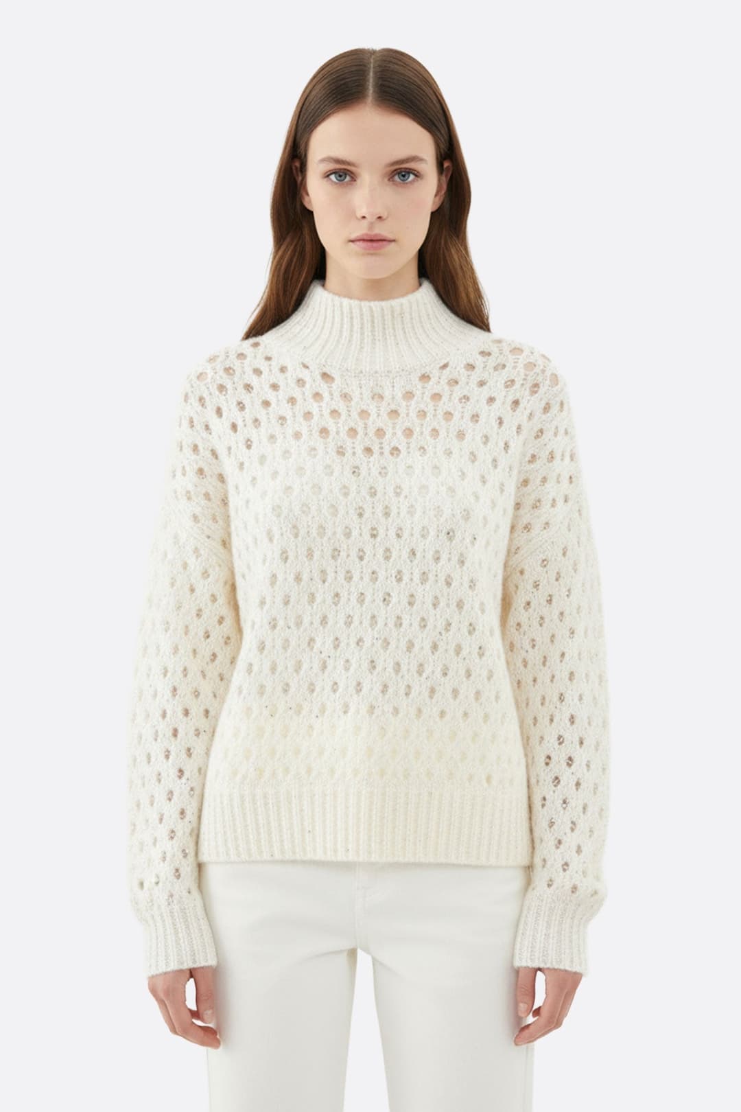 Pull en cachemire blanc à col montant ajouré, orné de sequins, pour un style élégant en toute occasion.