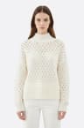 White openwork cashmere sweater with high collar and sequins